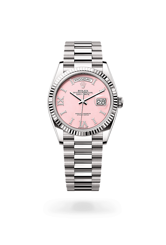 डे-डे  ट 36, ऑयस्टर, 36 मिमी, व्हाइट गोल्ड, डायल : डायमंड से जड़ित पिंक ओपल, Rolex