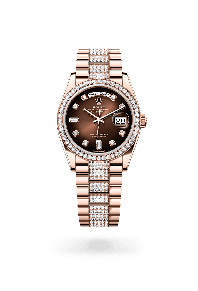 डे-डेट 36, ऑयस्टर, 36 मिमी, एवरोज़ गोल्ड और डायमंड्स, डायल : डायमंड्स से जड़ित ब्राउन ऑम्ब्रे, Rolex