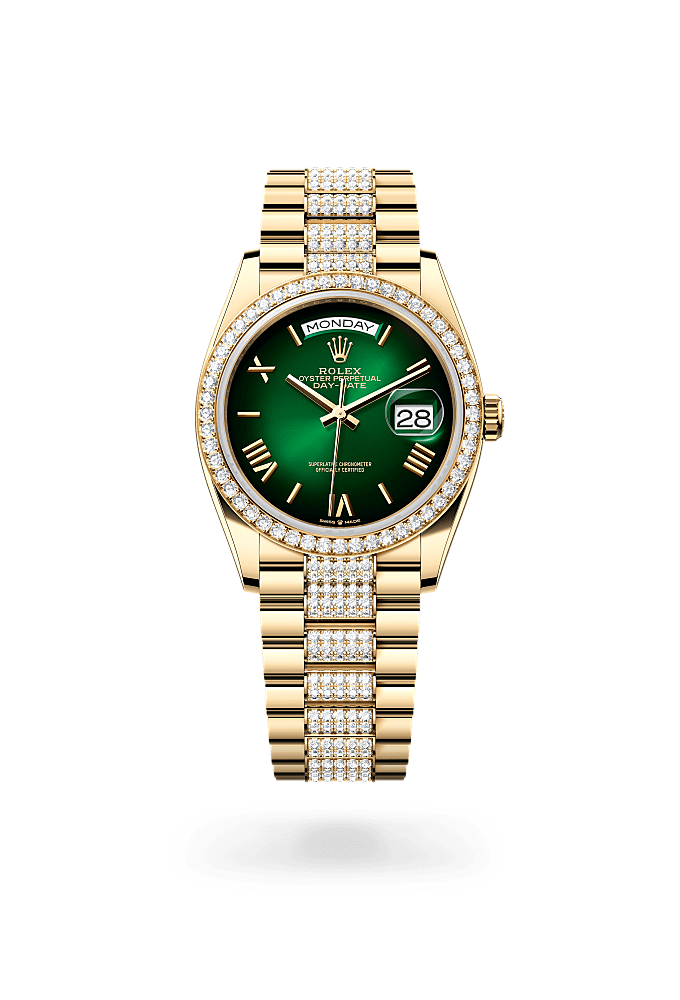 डे-डेट 36, ऑयस्टर, 36 मिमी, येलो गोल्ड और डायमंड्स, डायल : ग्रीन ओम्ब्रे, Rolex
