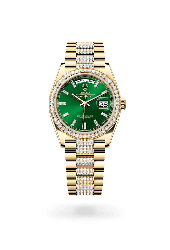 Day-Date 36, Oyster, 36 mm, yellow gold and diamonds, Dial : Bright green set with diamonds, Rolex