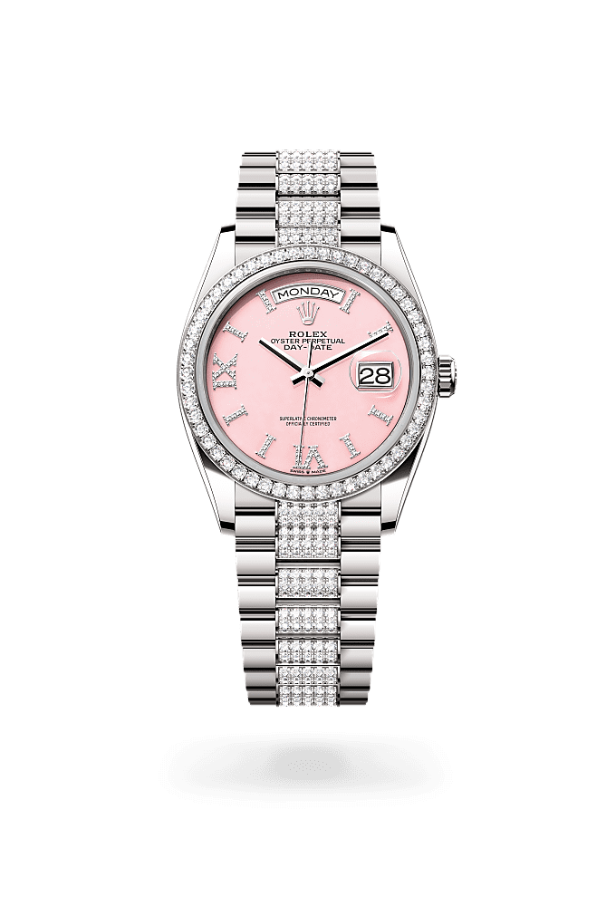 Day-Date 36, Oyster, 36 mm, white gold and diamonds, Dial : Pink opal set with diamonds, Rolex