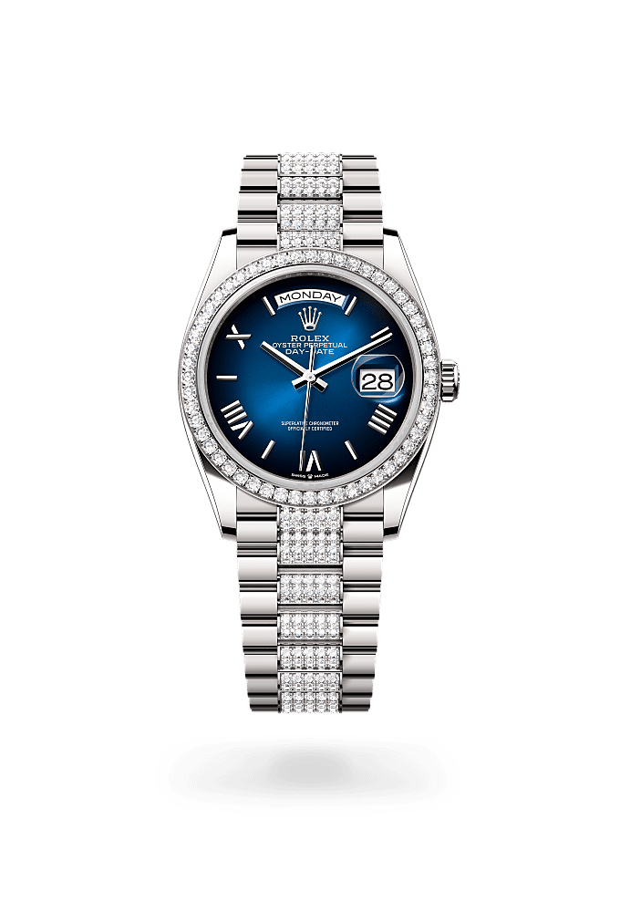 डे-डेट 36, ऑयस्टर, 36 मिमी, व्हाइट गोल्ड और डायमंड्स, डायल : ब्लू ऑम्ब्रे, Rolex