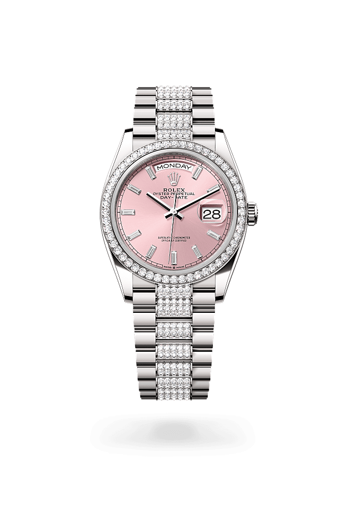 Day-Date 36, Oyster, 36 mm, white gold and diamonds, Dial : Pink set with diamonds, Rolex