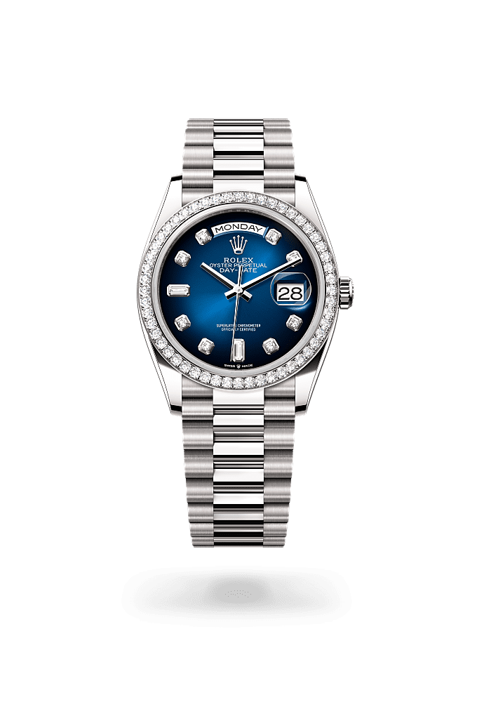 داي ديت ۳٦, أويستر، ٣٦ مم، من الذهب الأبيض والألماس, المينا : باللون الأزرق المضلل والمُرصّع بالألماس, Rolex
