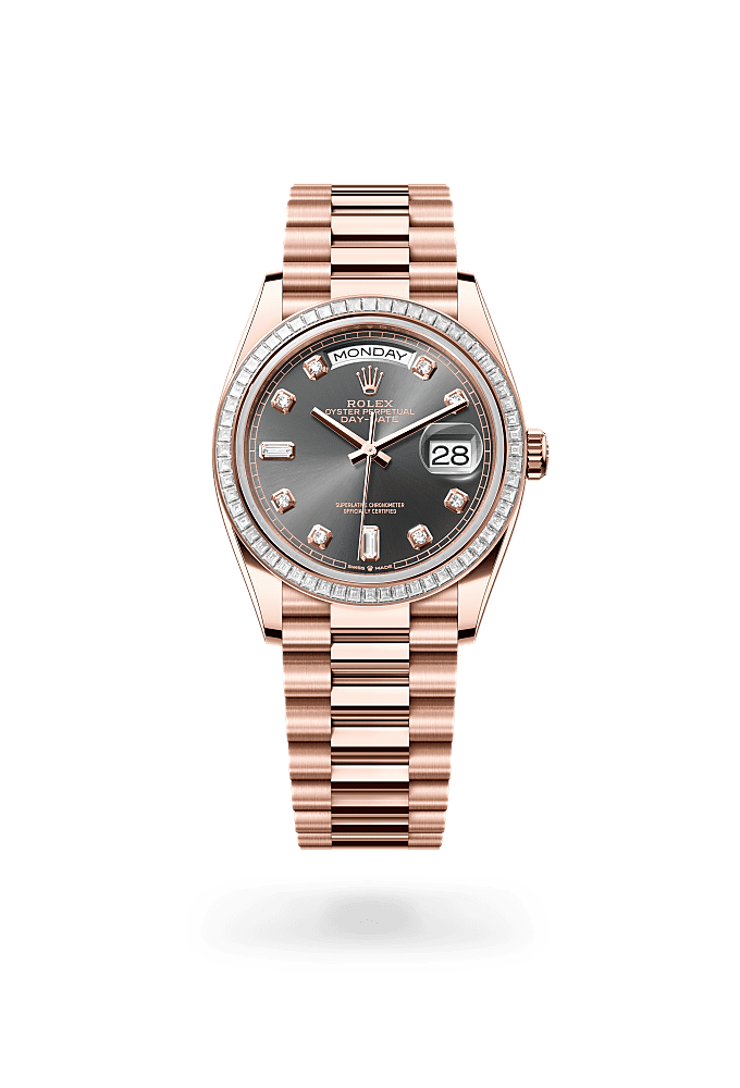 डे-डेट 36, ऑयस्टर, 36 मिमी, एवरोज़ गोल्ड और डायमंड्स, डायल : डायमंड के साथ स्लेट सेट, Rolex
