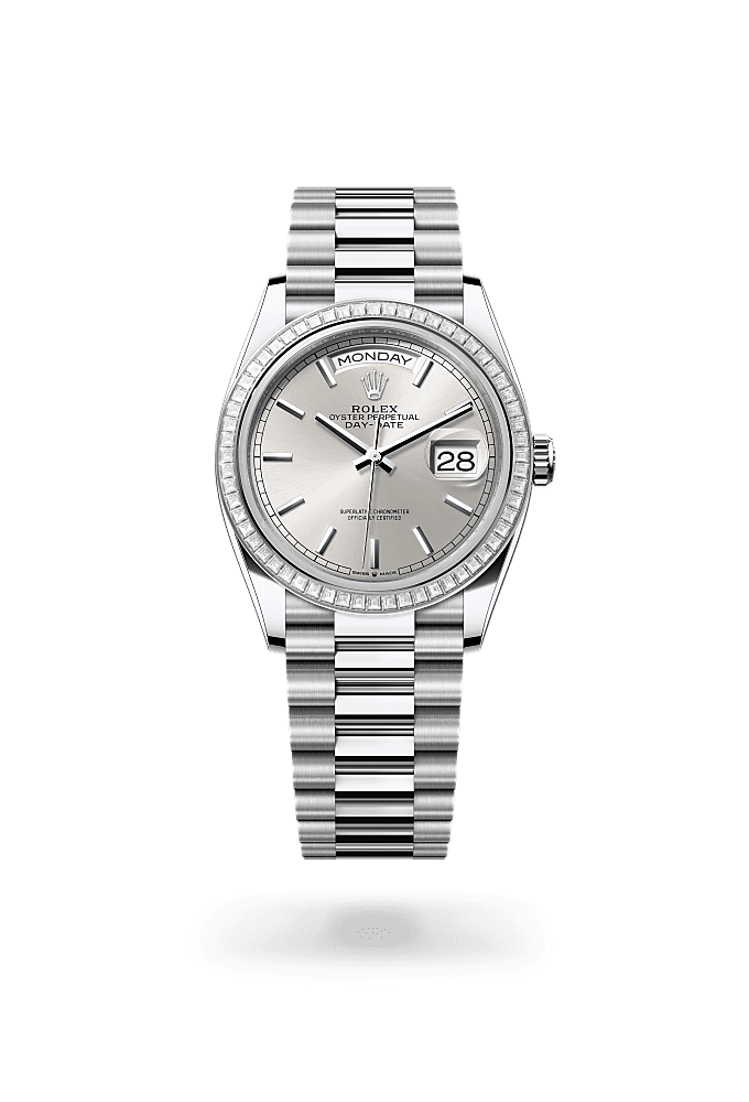 Day-Date 36, Oyster, 36 mm, platinum dan berlian, Permukaan : Perak, Rolex