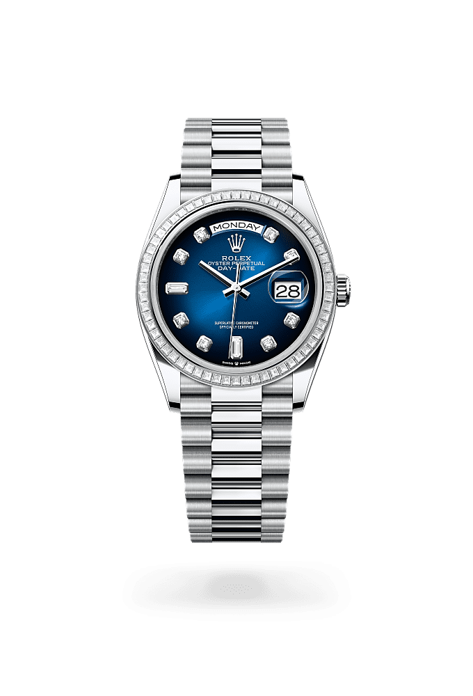 Day-Date 36, Oyster, 36 mm, platinum dan berlian, Permukaan : Ombre biru dipasangkan dengan berlian, Rolex