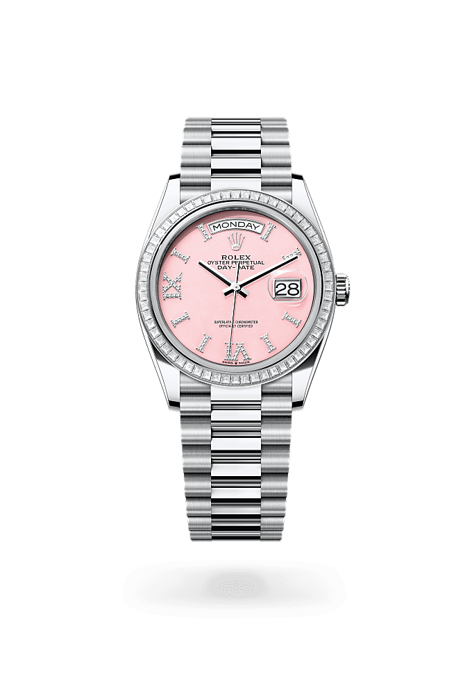 Day-Date 36, Oyster, 36 mm, platinum dan berlian, Permukaan : Opal merah jambu bertatahkan berlian, Rolex