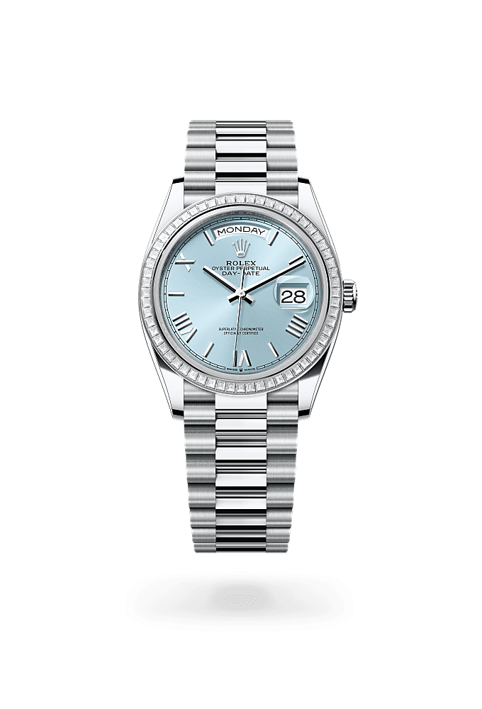 Day-Date 36, Oyster, 36 mm, platinum dan berlian, Permukaan : Biru salji, Rolex