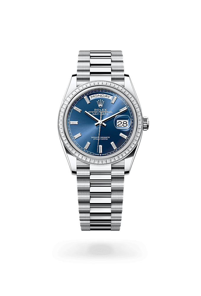 Day-Date 36, Oyster, 36 mm, platinum dan berlian, Permukaan : Biru cerah bertatahkan berlian, Rolex