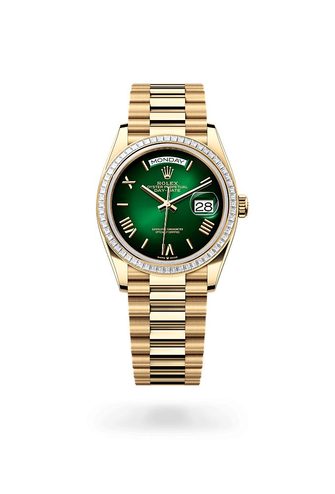 星期日历型 36, 蚝式，36毫米，钻石及黄金, 表盘 : 渐变绿色, Rolex