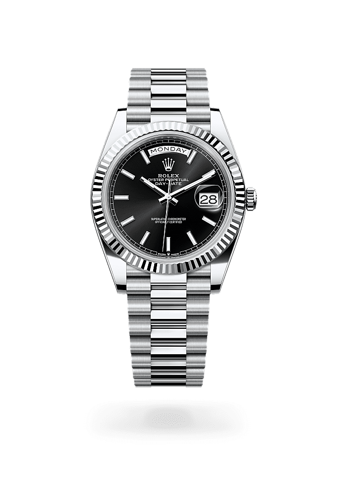 Day-Date 40, Oyster, 40 mm, platinum, Permukaan : Hitam terang, Rolex