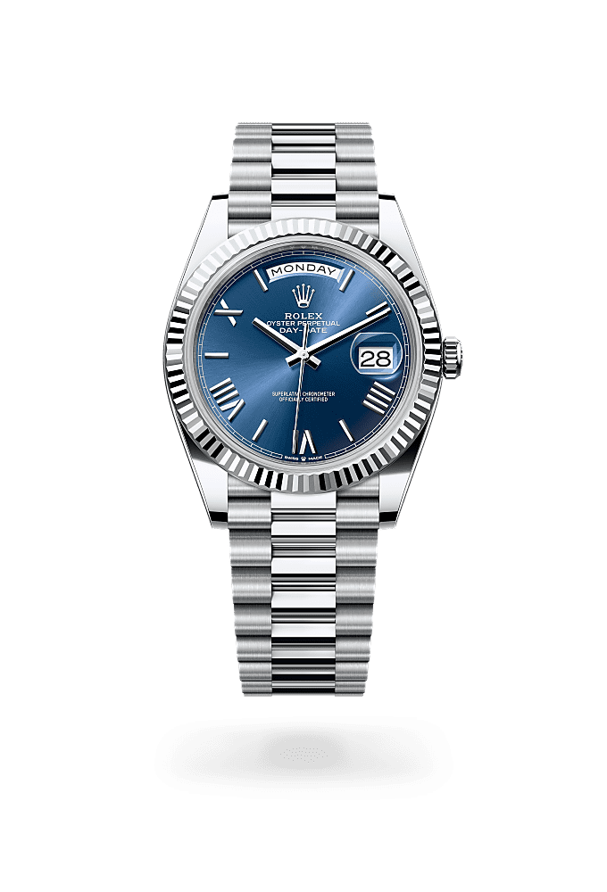 डे-डेट 40, ऑयस्टर, 40 मिमी, प्लैटिनम, डायल : चमकीला ब्लू, Rolex