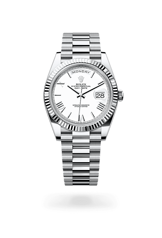Day-Date 40, Oyster, 40 mm, platinum, Permukaan : Putih, Rolex