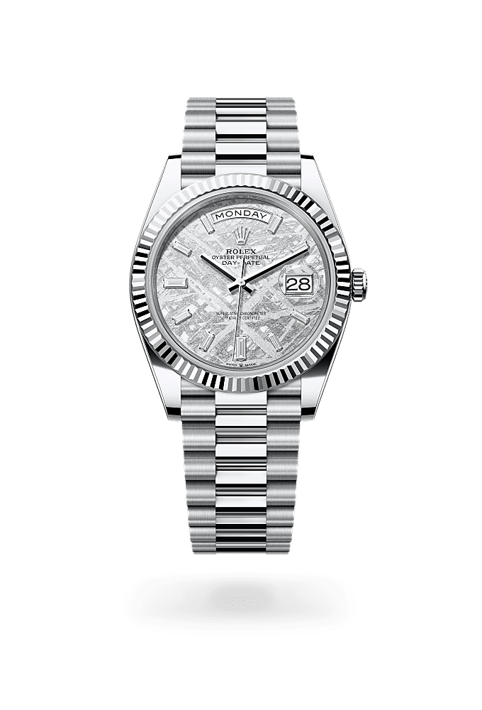 Day-Date 40, Oyster, 40 mm, platinum, Permukaan : Meteorit dipasangkan dengan berlian, Rolex