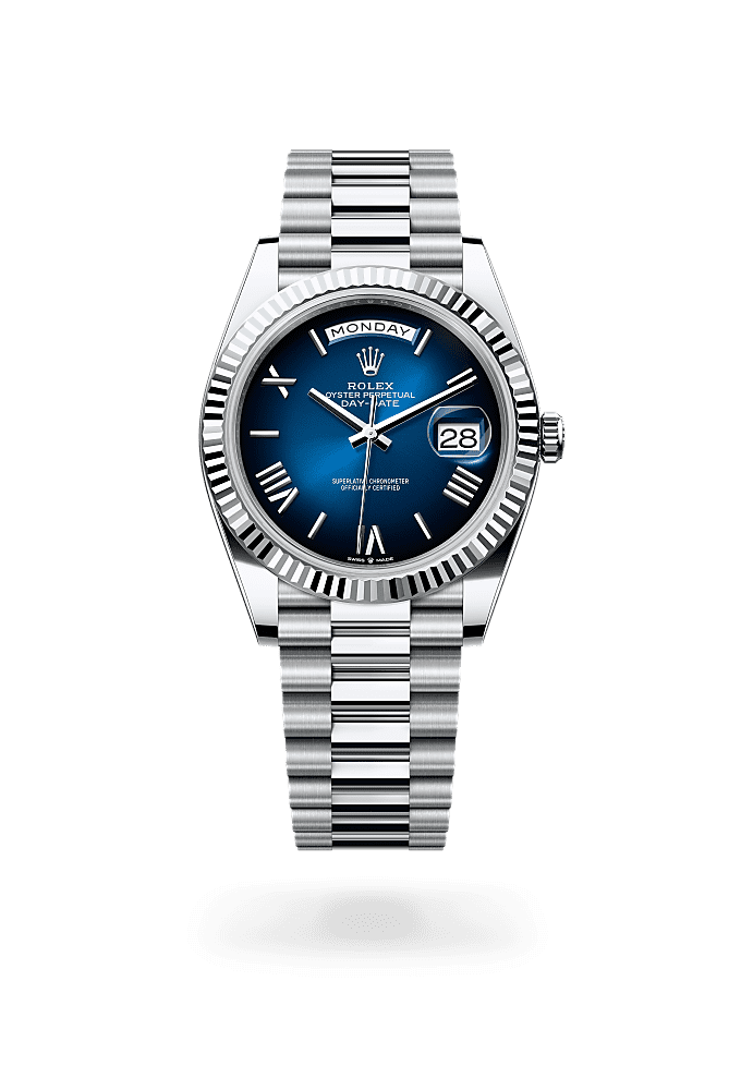 Day-Date 40, Oyster, 40 mm, platinum, Permukaan : Ombre biru, Rolex
