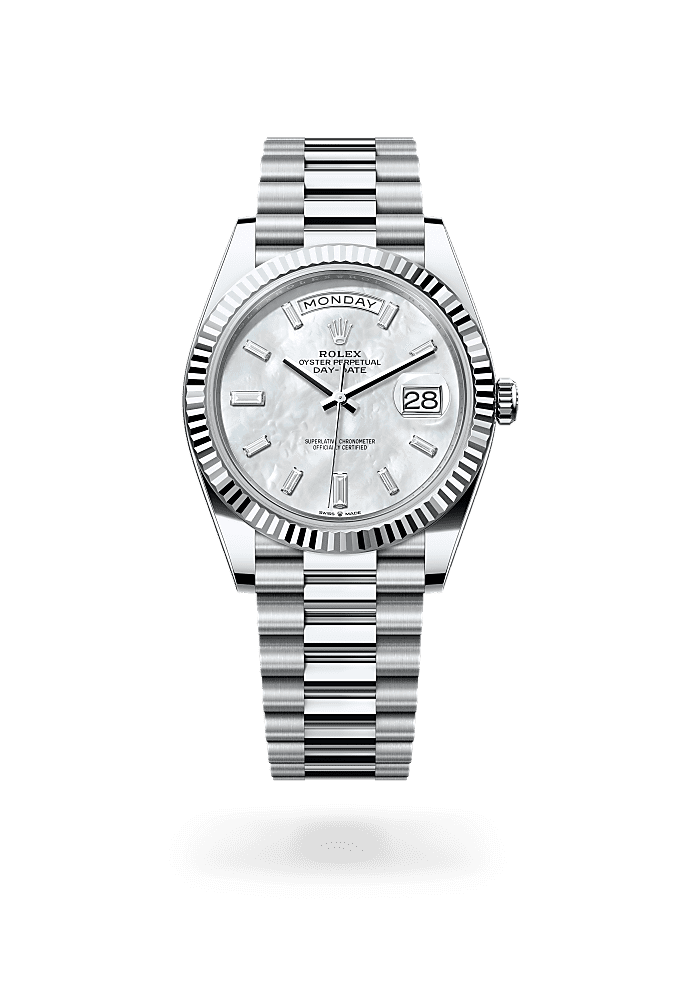 Day-Date 40, Oyster, 40 mm, platinum, Permukaan : Indung mutiara putih bertatahkan berlian, Rolex