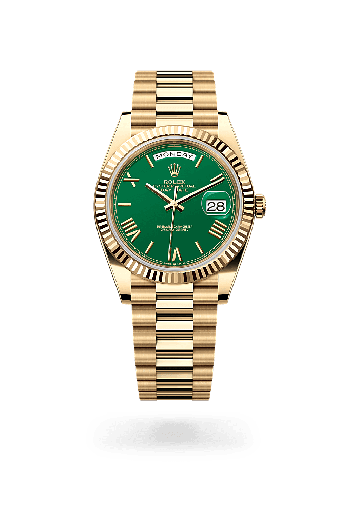 डे-डेट 40, ऑयस्टर, 40 मिमी, येलो गोल्ड, डायल : ग्रीन, Rolex
