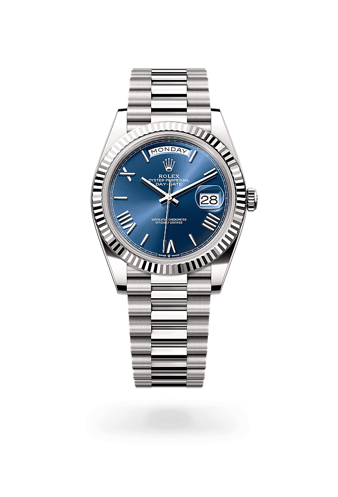 डे-डेट 40, ऑयस्टर, 40 मिमी, व्हाइट गोल्ड, डायल : चमकीला ब्लू, Rolex