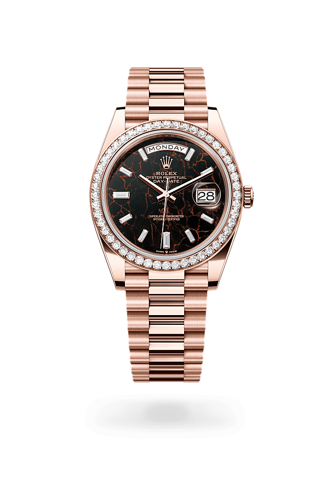 डे-डेट 40, ऑयस्टर, 40 मिमी, एवरोज़ गोल्ड और डायमंड्स, डायल : डायमंड के साथ इज़नकिज़ैैल सेट, Rolex