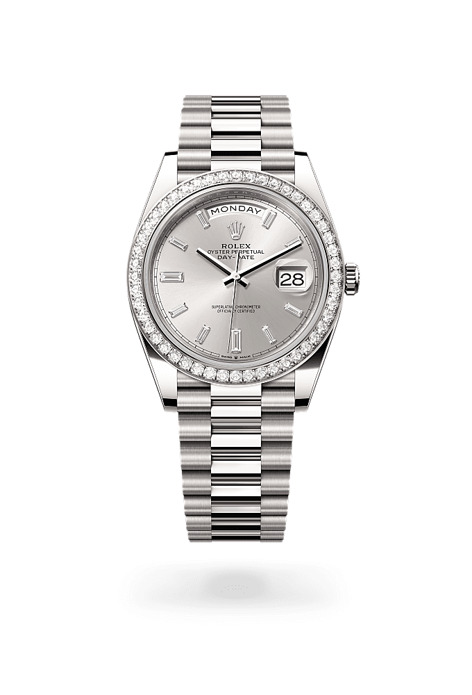 डे-डेट 40, ऑयस्टर, 40 मिमी, व्हाइट गोल्ड और डायमंड्स, डायल : डायमंड्स से जड़ित सिल्वर, Rolex