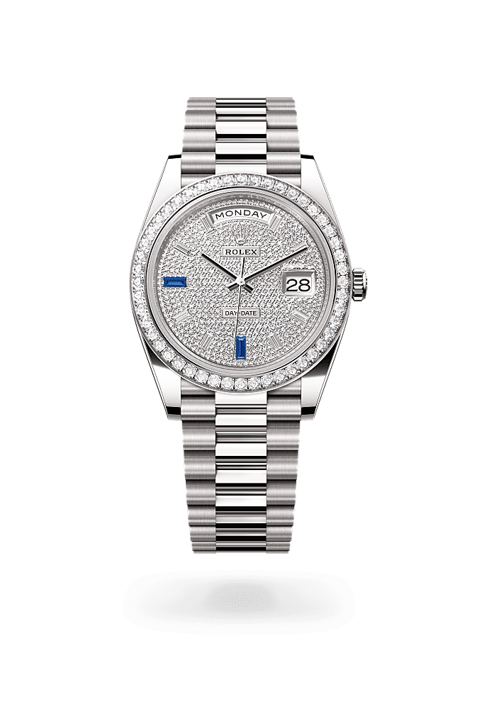 डे-डेट 40, ऑयस्टर, 40 मिमी, व्हाइट गोल्ड और डायमंड्स, डायल : डायमंड्स और सैफ़ायर्स से जटित, Rolex
