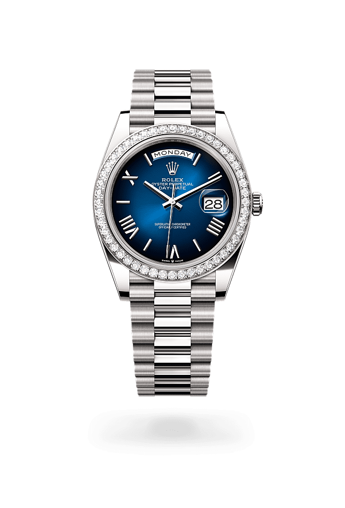 डे-डेट 40, ऑयस्टर, 40 मिमी, व्हाइट गोल्ड और डायमंड्स, डायल : ब्लू ऑम्ब्रे, Rolex