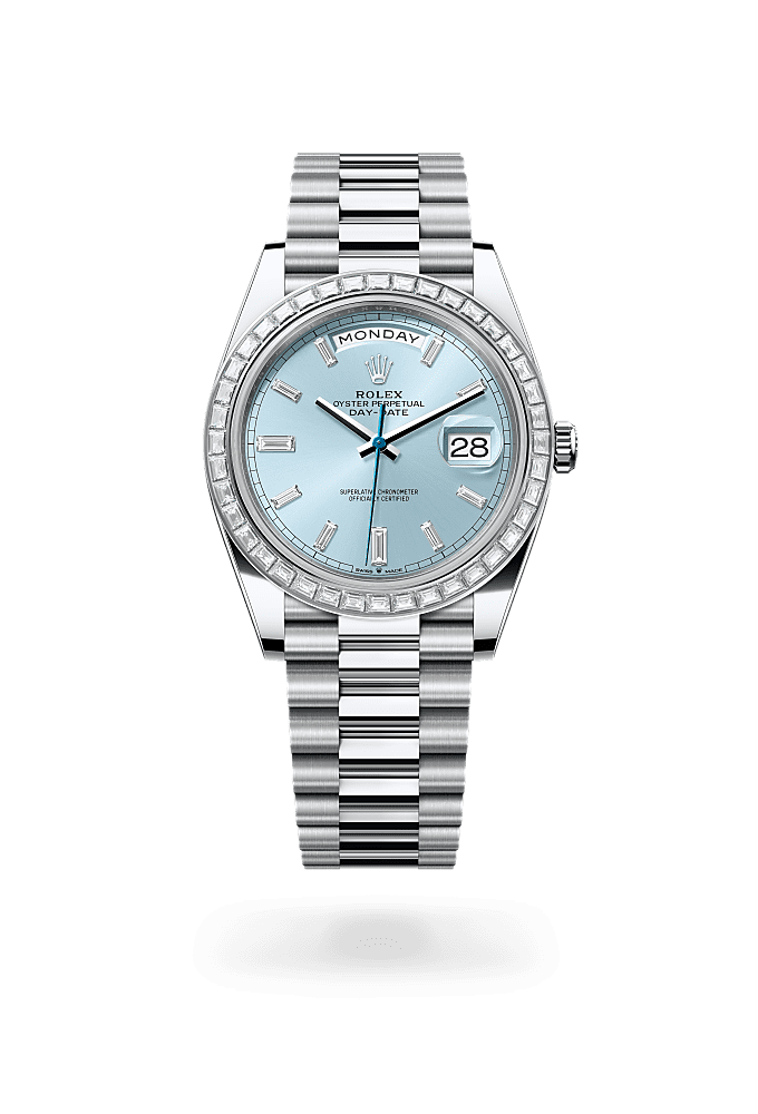 Day-Date 40, Oyster,40 mm, platinum dan berlian, Permukaan : Biru salji dipasangkan dengan berlian, Rolex