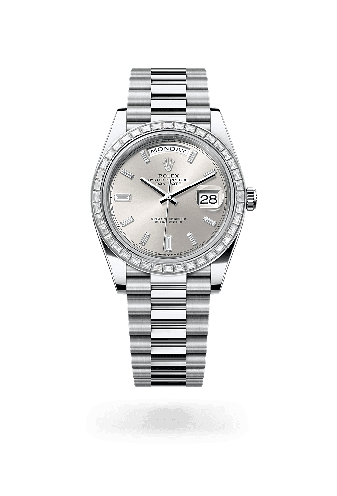 Day-Date 40, Oyster,40 mm, platinum dan berlian, Permukaan : Perak dipasangkan dengan berlian, Rolex