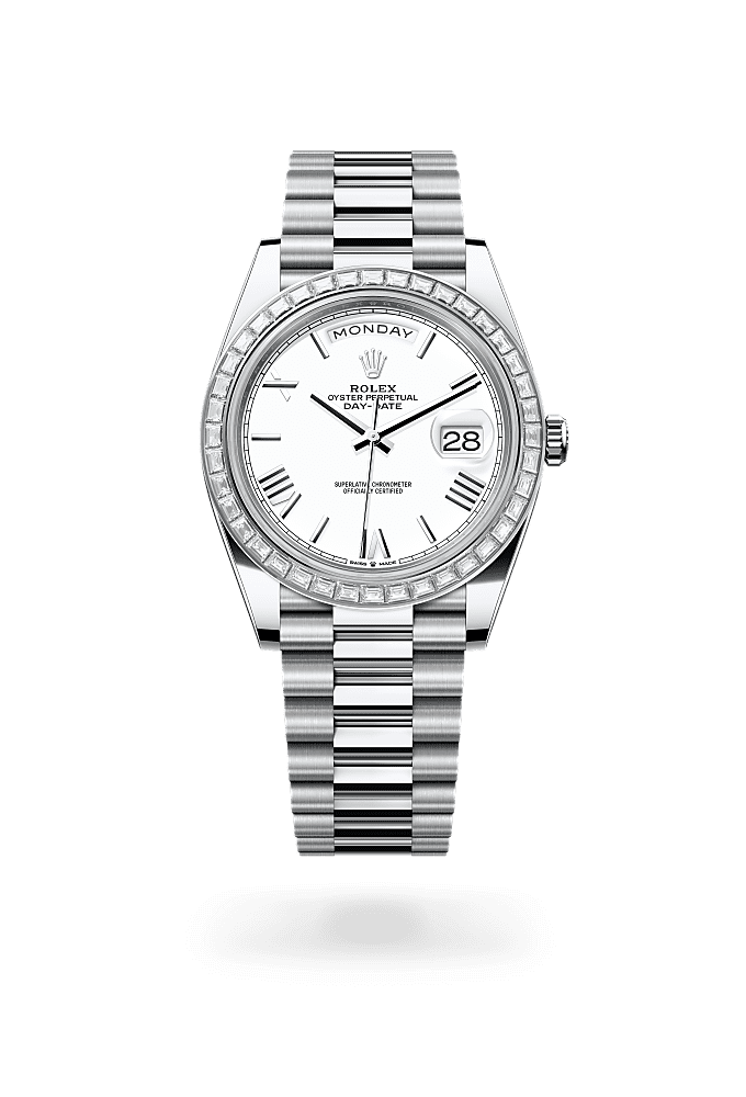 Day-Date 40, Oyster,40 mm, platinum dan berlian, Permukaan : Putih, Rolex