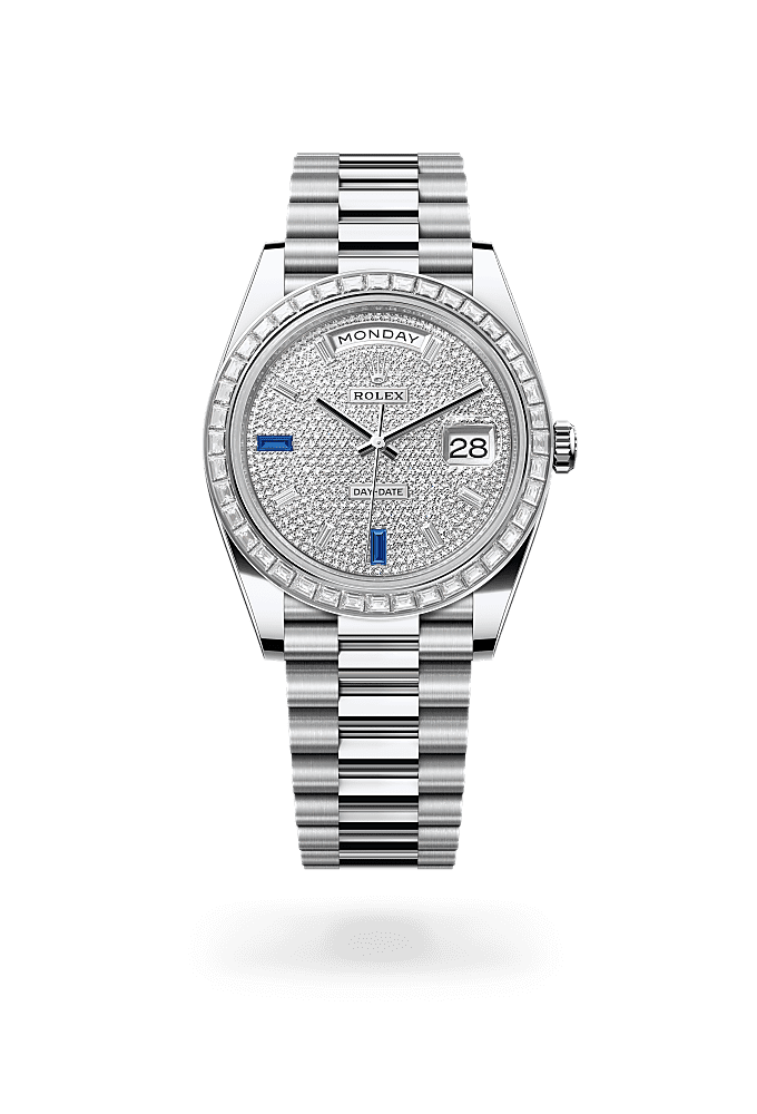 डे-डेट 40, ऑयस्टर, 40 मिमी, प्लैटिनम और डायमंड्स, डायल : डायमंड्स और सैफ़ायर्स से जटित, Rolex