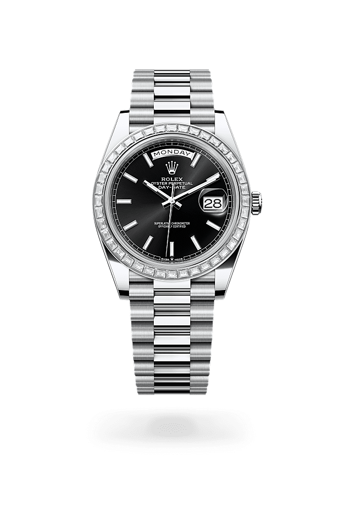 Day-Date 40, Oyster,40 mm, platinum dan berlian, Permukaan : Hitam terang, Rolex