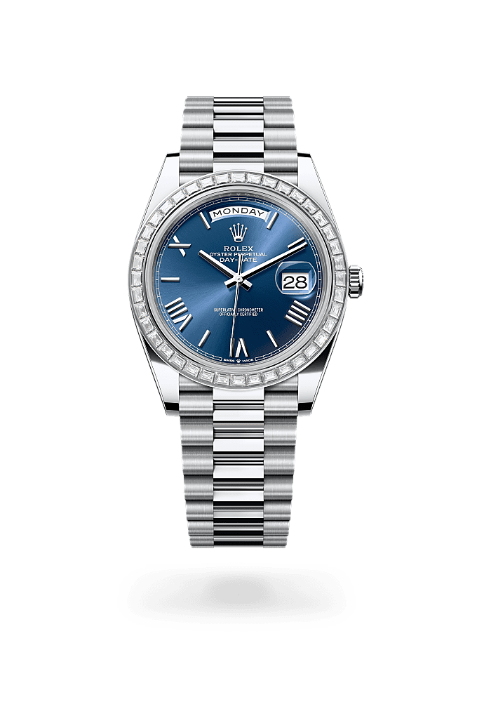 Day-Date 40, Oyster,40 mm, platinum dan berlian, Permukaan : Biru terang, Rolex