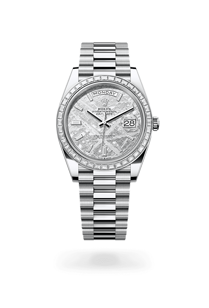 Day-Date 40, Oyster,40 mm, platinum dan berlian, Permukaan : Meteorit dipasangkan dengan berlian, Rolex