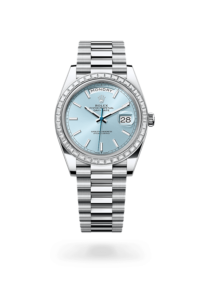 Day-Date 40, Oyster,40 mm, platinum dan berlian, Permukaan : Biru salji, Rolex