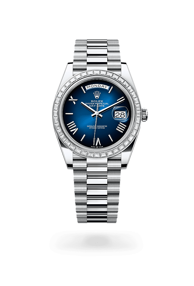 Day-Date 40, Oyster,40 mm, platinum dan berlian, Permukaan : Ombre biru, Rolex