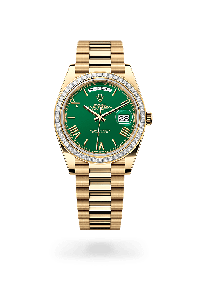 星期日历型 40, 蚝式，40毫米，钻石及黄金, 表盘 : 绿色, Rolex