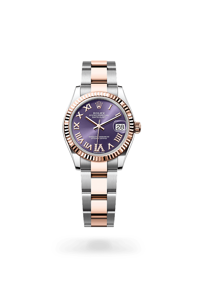 Datejust 31, Oyster, 31 mm, Oystersteel and Everose gold, Dial : Aubergine set with diamonds, Rolex