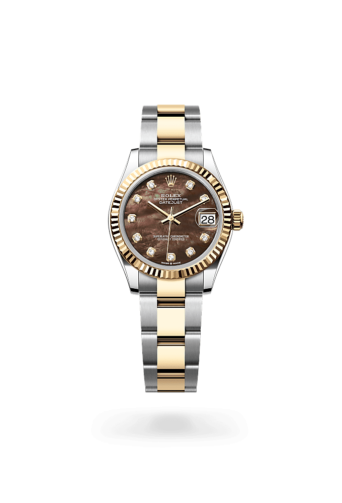 デイトジャスト 31, オイスター、31 mm、オイスタースチール＆イエローゴールド, ダイアル : ダイヤモンド入りブラックマザーオブパール, Rolex