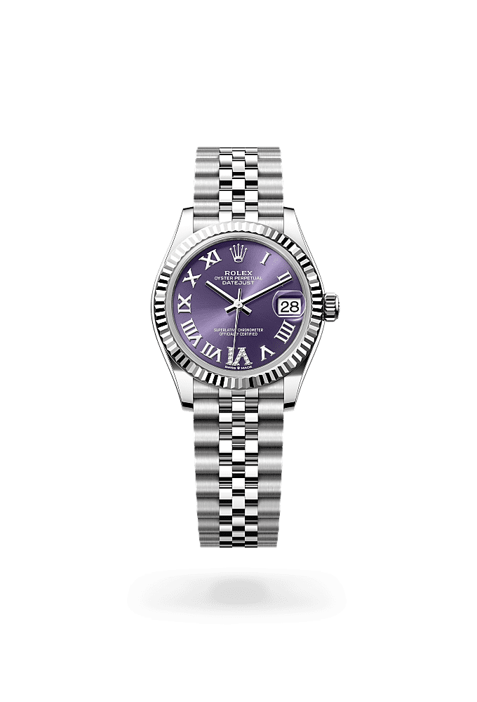 Datejust 31, Oyster, 31 mm, thép Oystersteel và vàng trắng, Mặt đồng hồ : aubergine nạm kim cương, Rolex