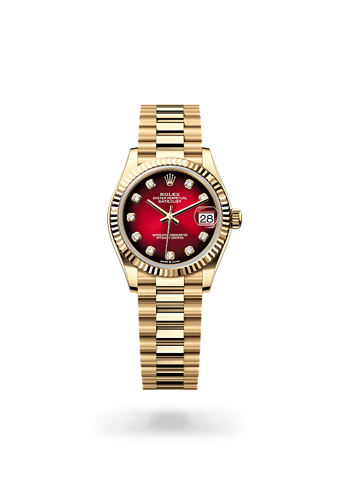 Datejust 31, اویستر، ۳۱ میلیمتری، طلای زرد, صفحه‌ : قرمز سایهروشن الماسنشان, Rolex