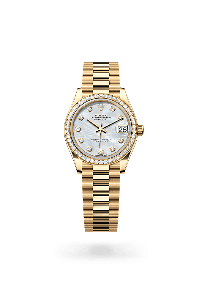 デイトジャスト 31, オイスター、31 mm、イエローゴールド、ダイヤモンド, ダイアル : ダイヤモンド入りホワイトマザーオブパール, Rolex