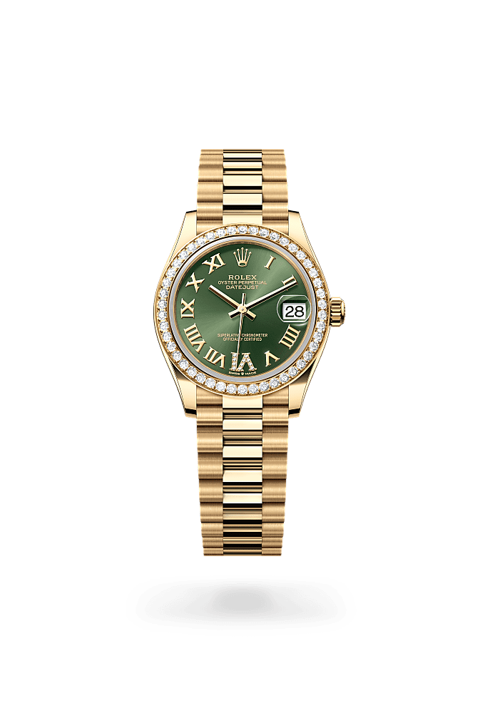 Datejust 31, Oyster, 31 mm, yellow gold and diamonds, Dial : Olive green set with diamonds, Rolex