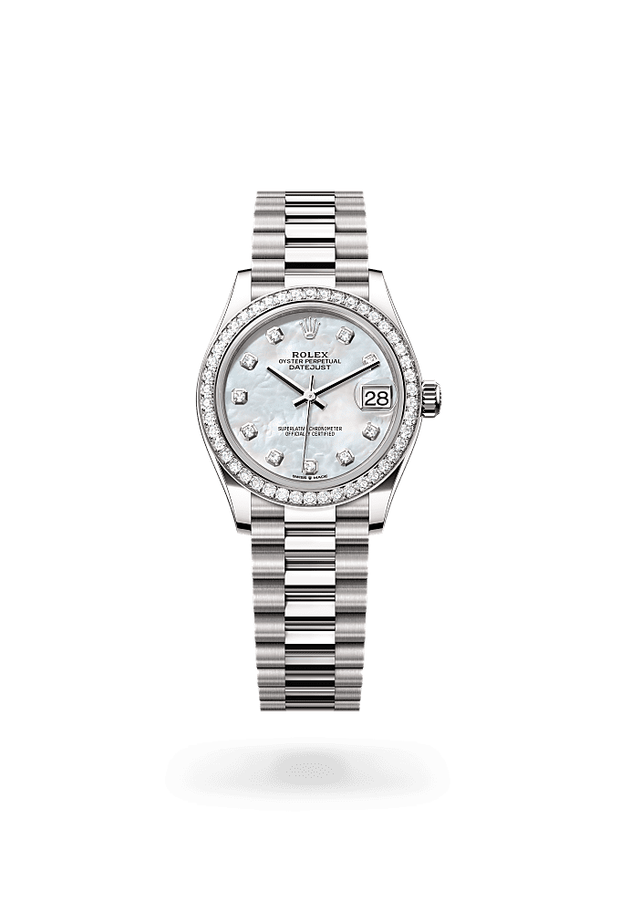 Datejust 31, Oyster, 31 мм, белое золото и бриллианты, Циферблат : Белый перламутровый, бриллианты, Rolex