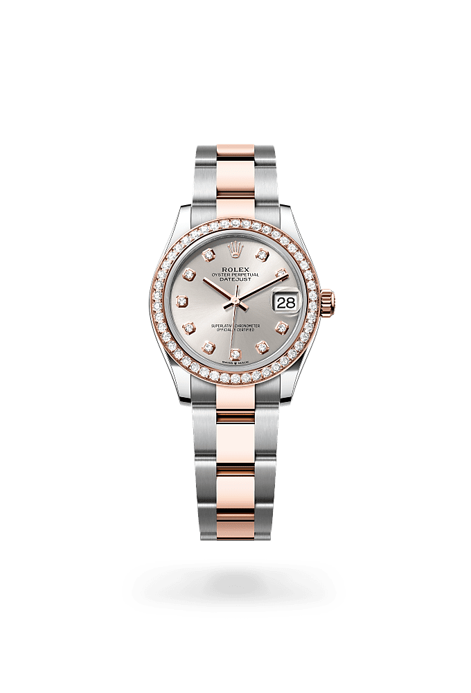 Datejust 31, Oyster, 31 mm, Oystersteel, emas Everose dan berlian, Dial : Tampilan perak dengan berlian, Rolex
