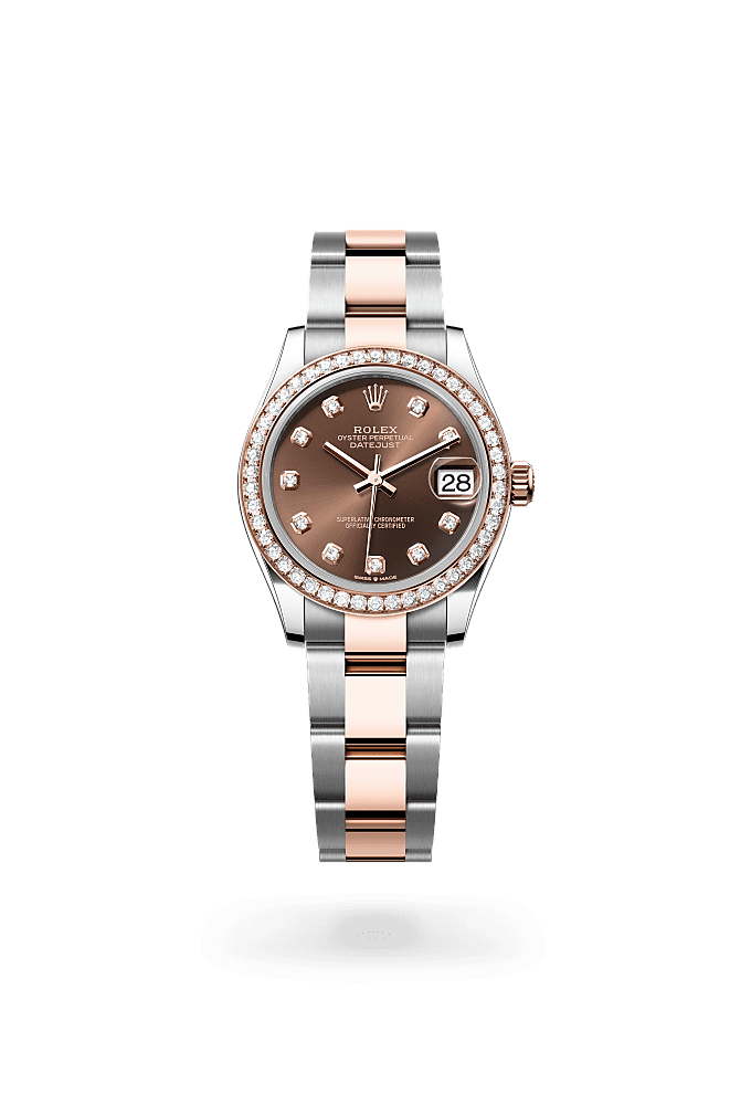Datejust 31, Oyster, 31 mm, Oystersteel, emas Everose dan berlian, Dial : Tampilan cokelat dengan berlian, Rolex
