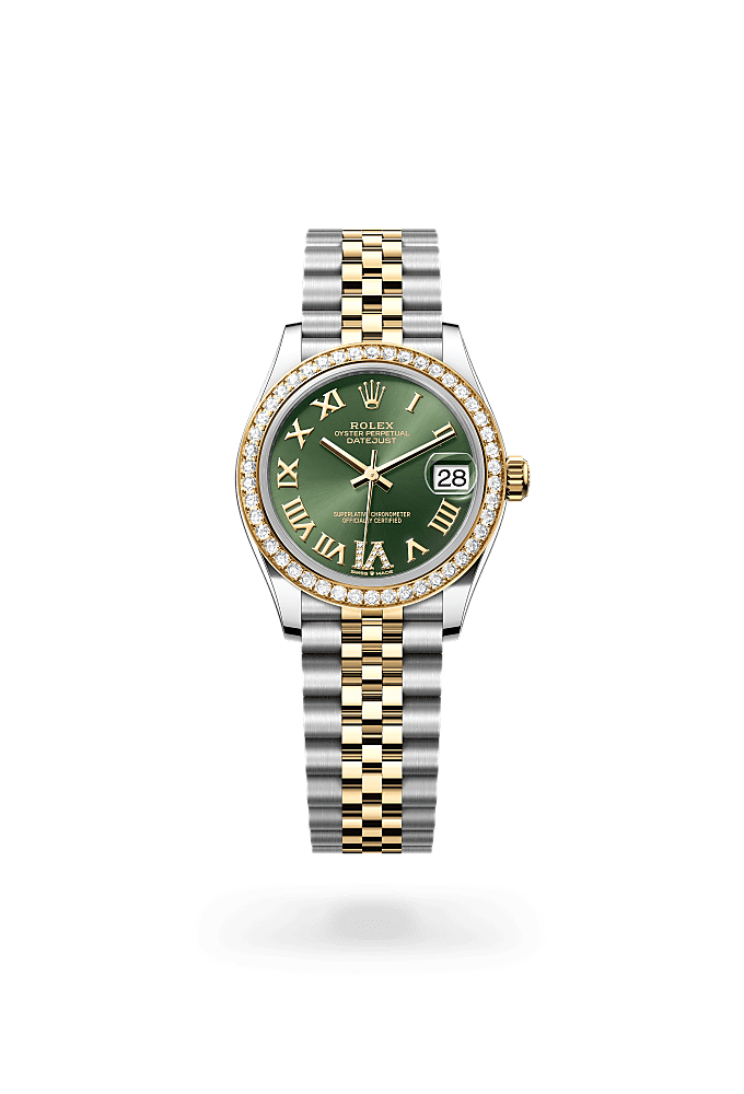 Datejust 31, Oyster, 31 mm, Oystersteel, yellow gold and diamonds, Dial : Olive green set with diamonds, Rolex