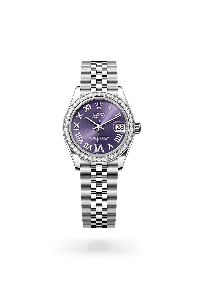 Datejust 31, Oyster, 31 mm, Oystersteel, white gold and diamonds, Dial : Aubergine set with diamonds, Rolex