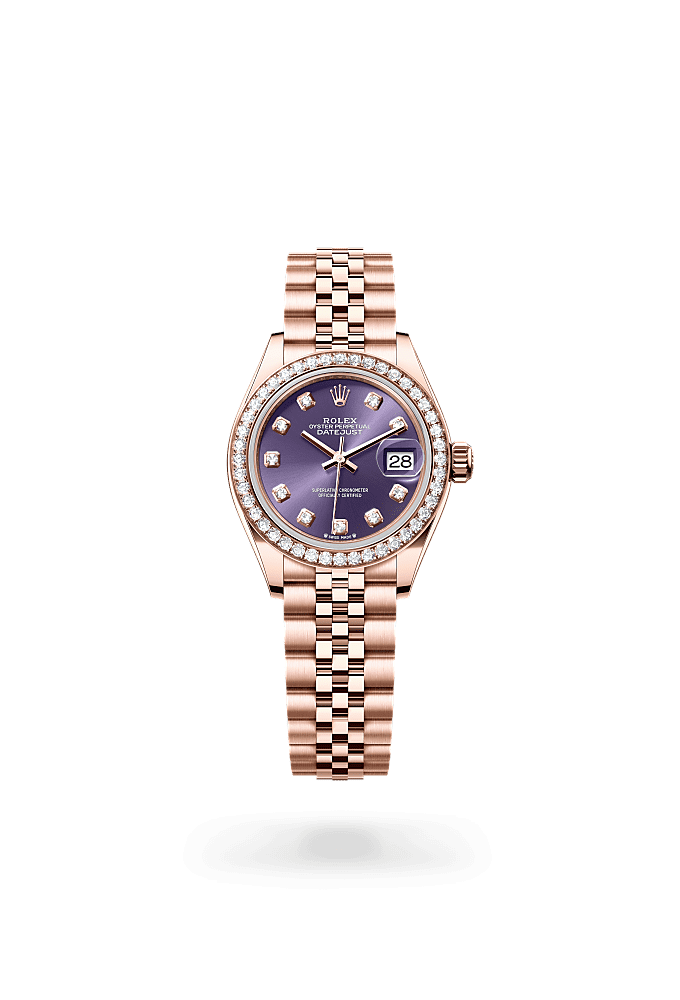 Lady-Datejust, Oyster, 28 mm, Everose gold and diamonds, Dial : Aubergine set with diamonds, Rolex