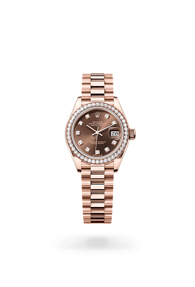Lady-Datejust, Oyster, 28 mm, Everose gold and diamonds, Dial : Chocolate set with diamonds, Rolex